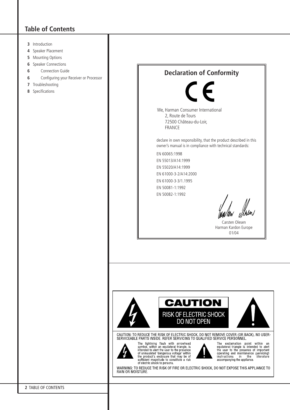 Table of contents declaration of conformity | Harman-Kardon HKS 4 User Manual | Page 2 / 8