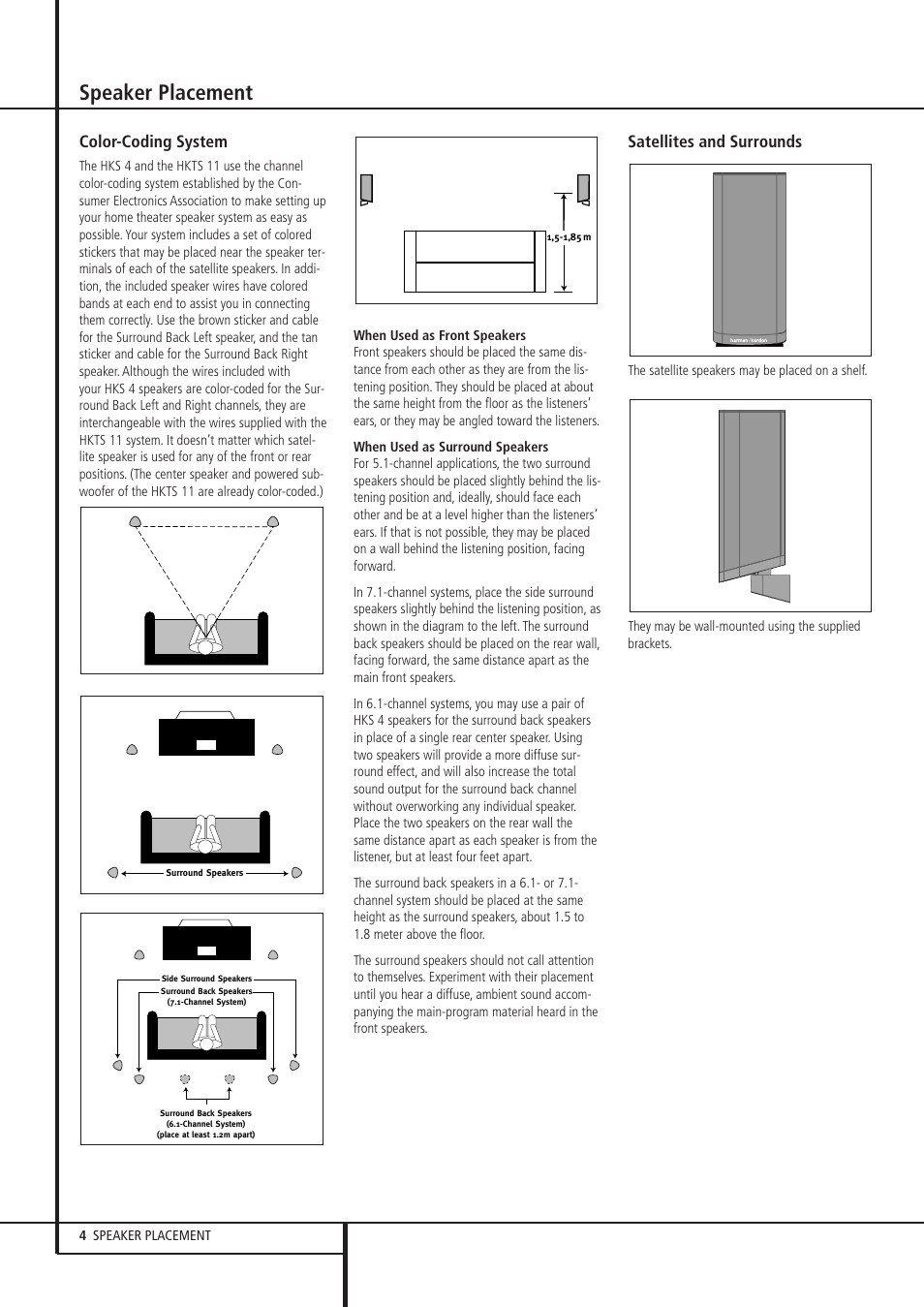 Speaker placement, Color-coding system, Satellites and surrounds | Harman-Kardon HKS 4 User Manual | Page 4 / 8