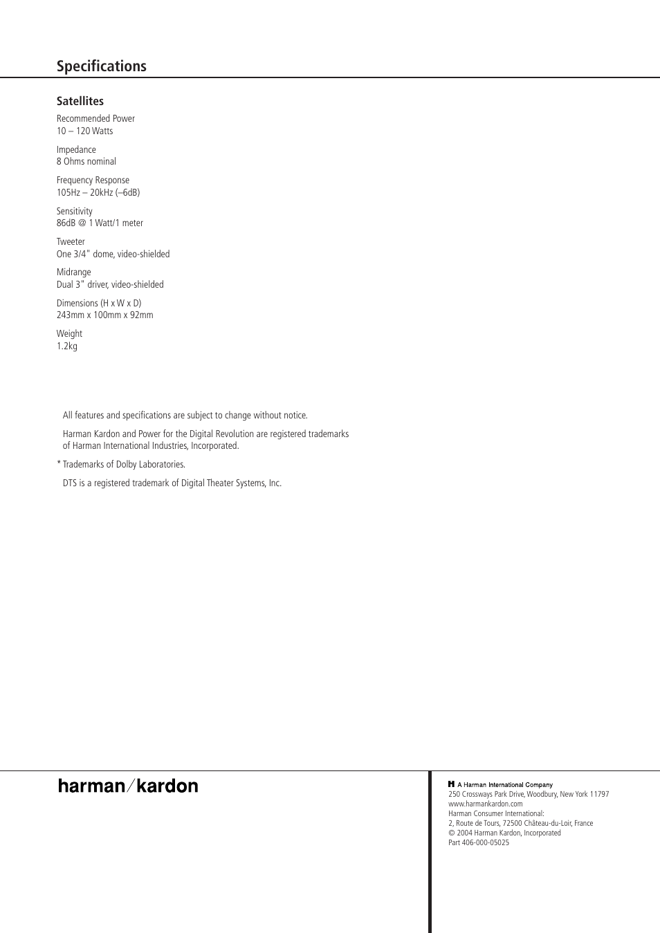 Specifications | Harman-Kardon HKS 4 User Manual | Page 8 / 8