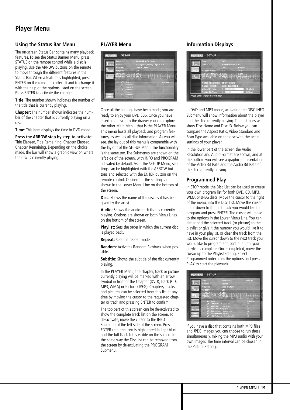 Player menu | Harman-Kardon DVD 506 User Manual | Page 19 / 22