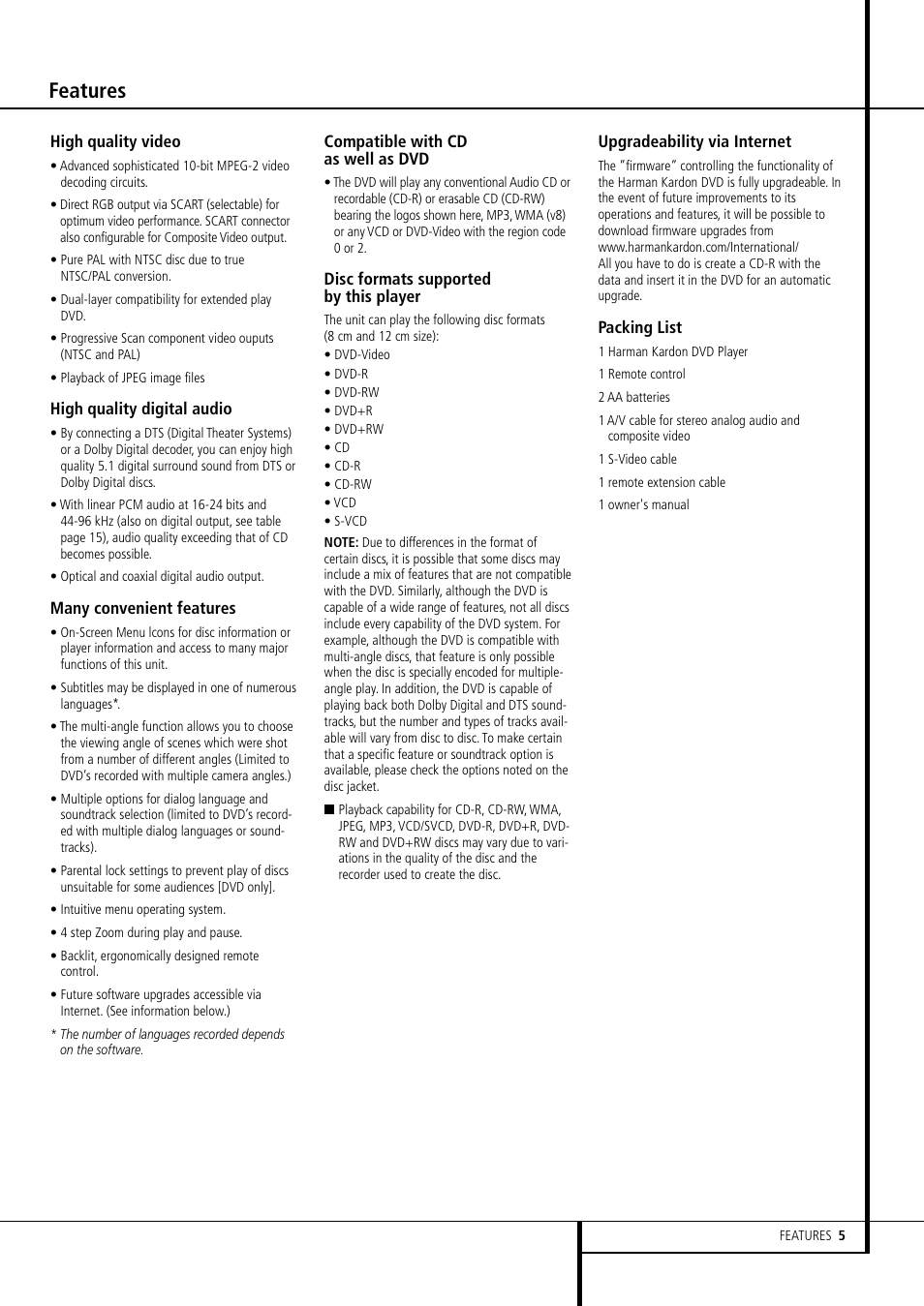 Features | Harman-Kardon DVD 506 User Manual | Page 5 / 22
