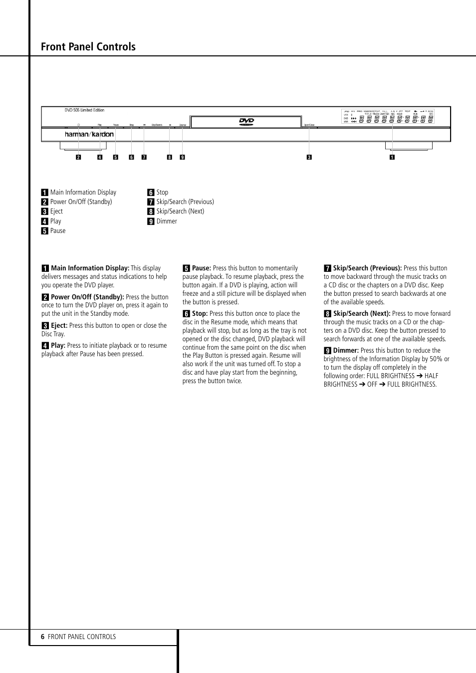 Front panel controls | Harman-Kardon DVD 506 User Manual | Page 6 / 22