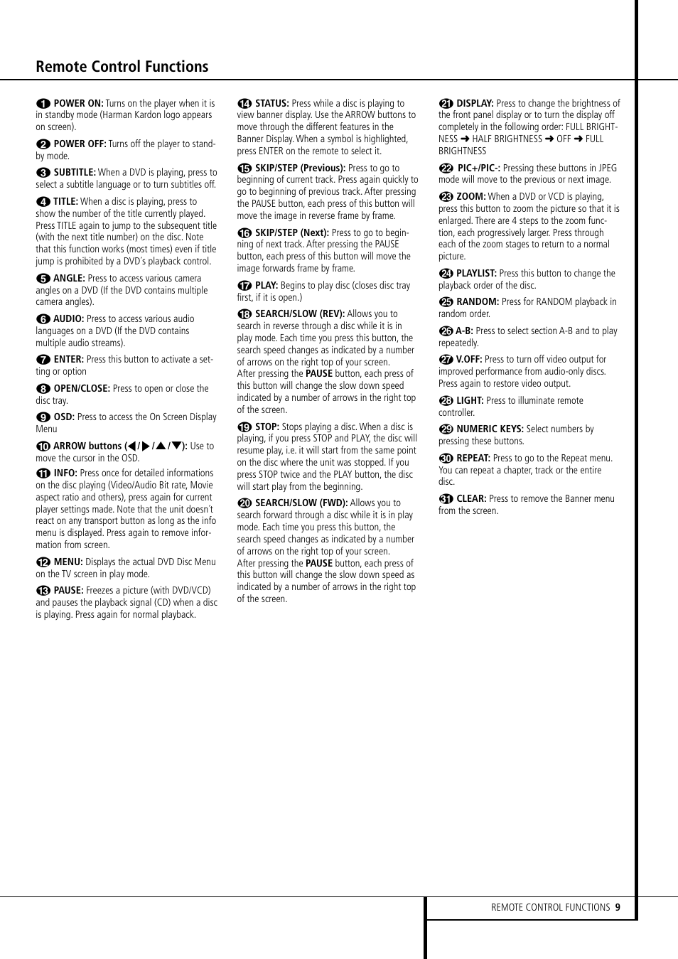 Remote control functions | Harman-Kardon DVD 506 User Manual | Page 9 / 22