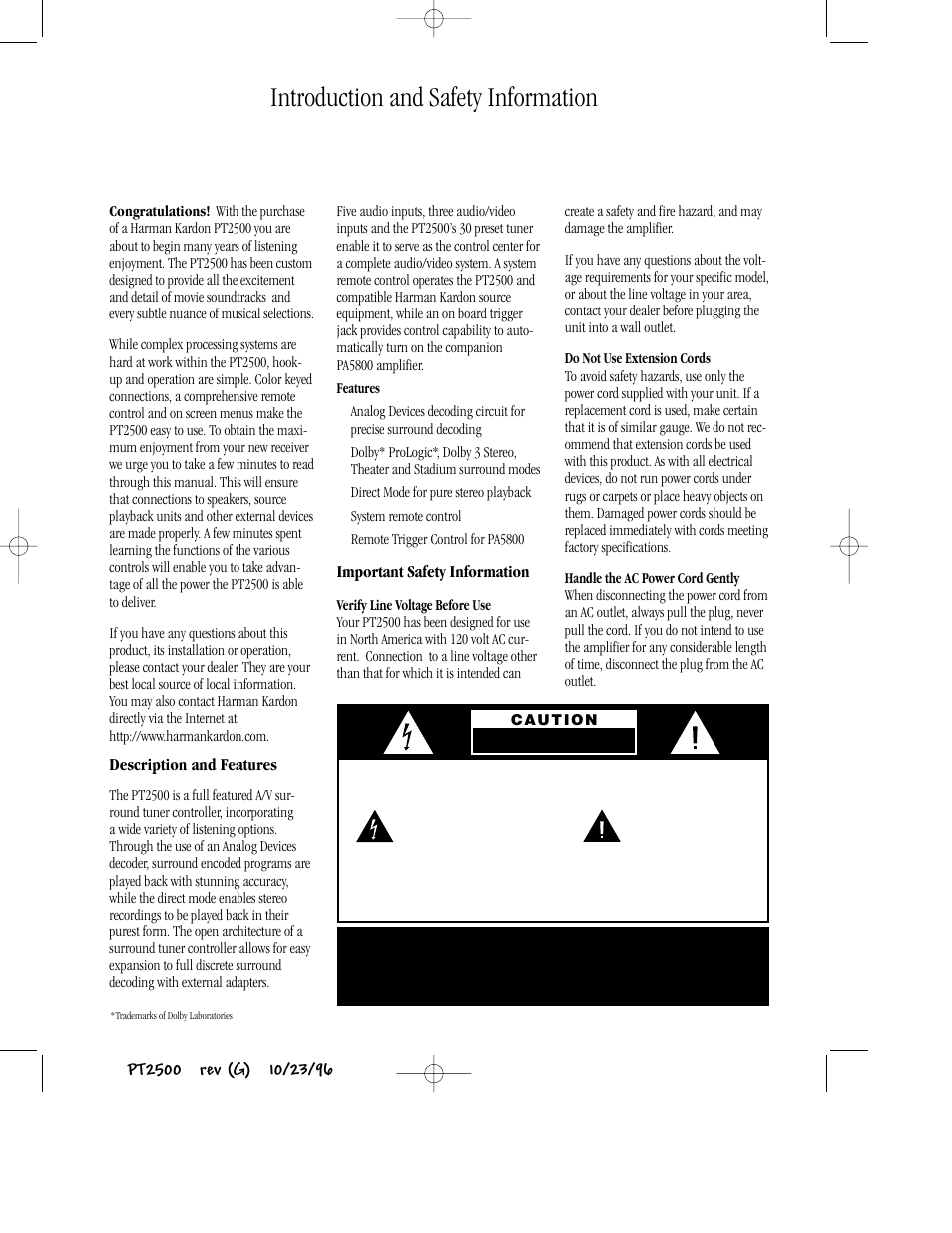 Introduction and safety information, Description and features, Important safety information | Harman-Kardon PT2500 User Manual | Page 3 / 16