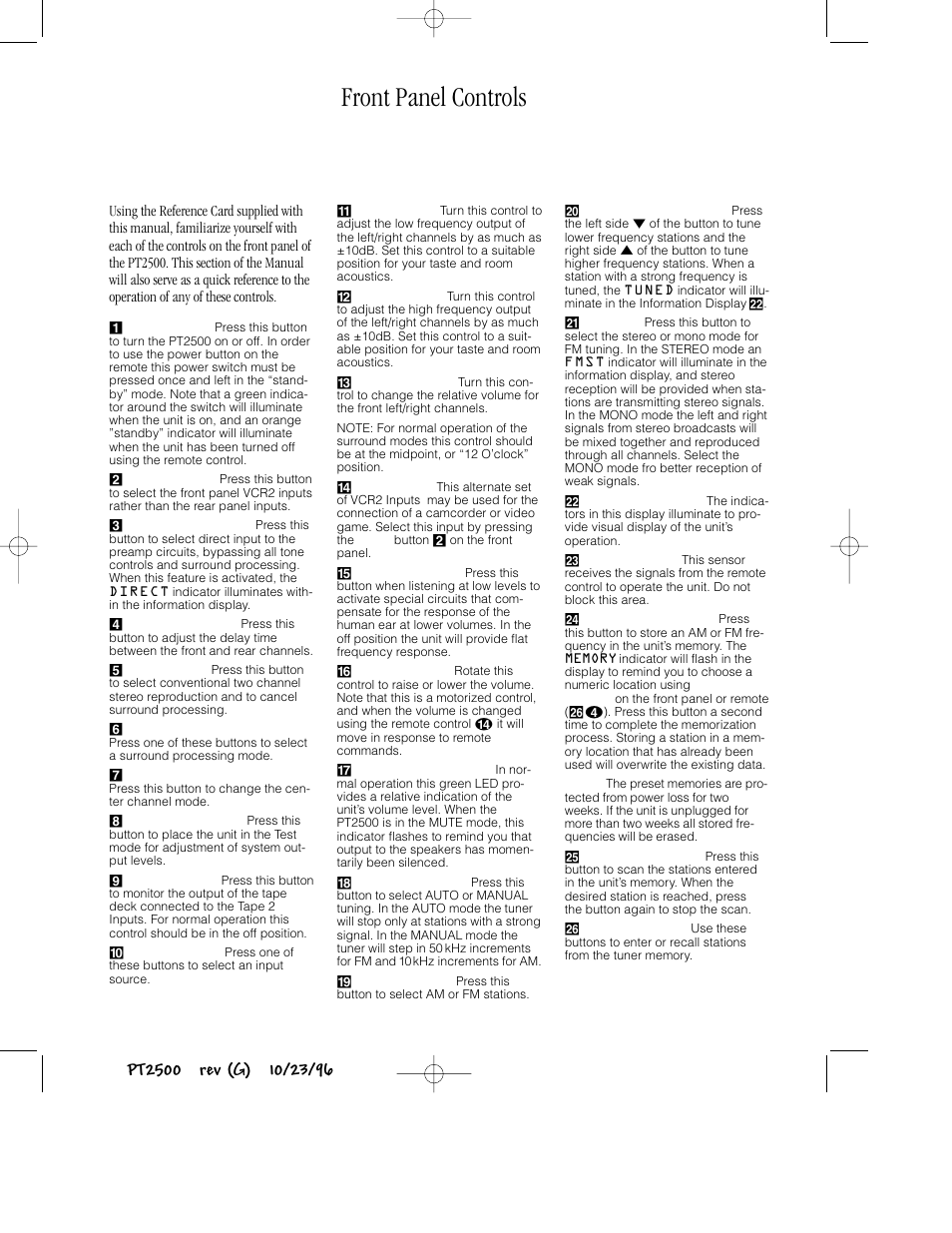 Front panel controls | Harman-Kardon PT2500 User Manual | Page 6 / 16