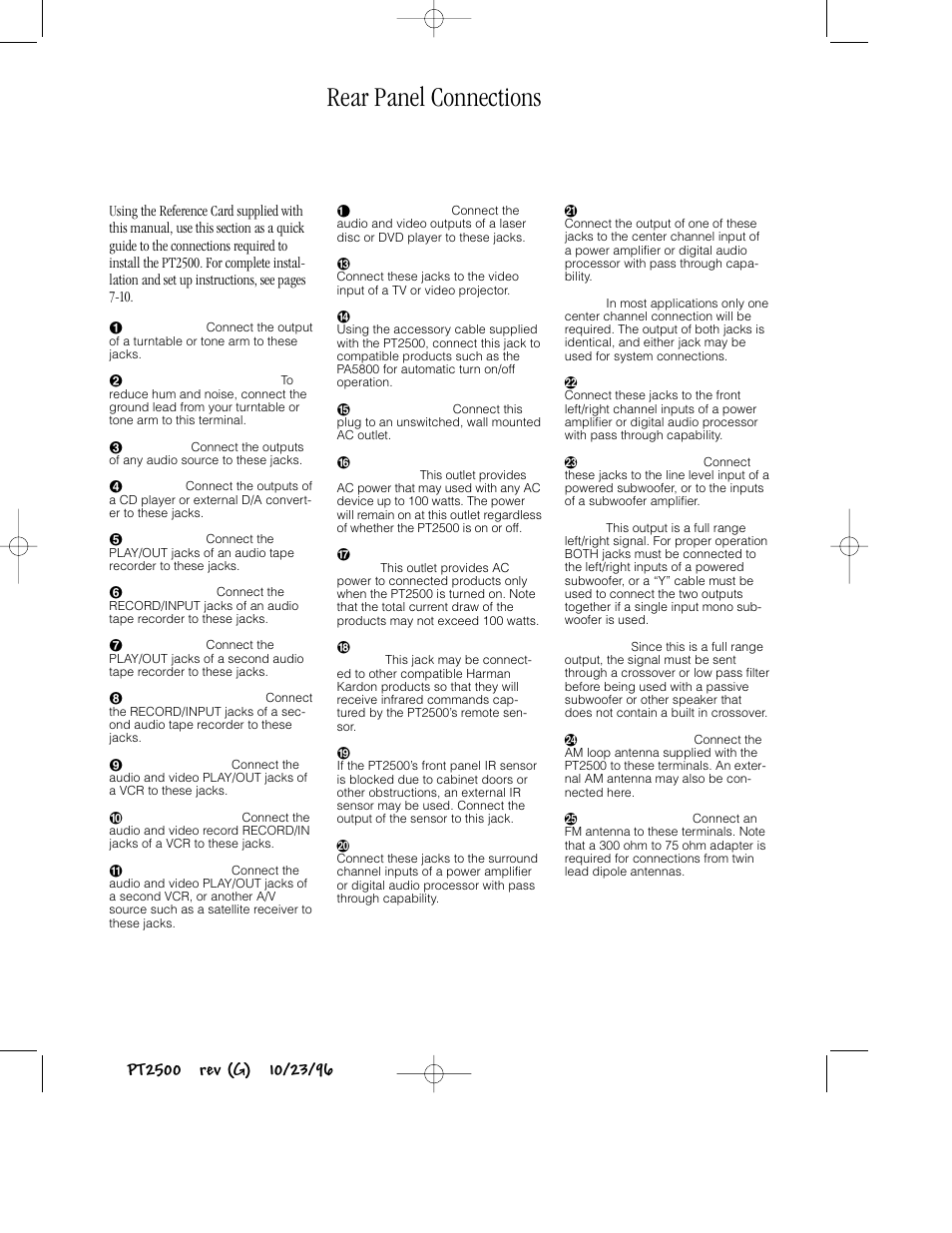 Rear panel connections | Harman-Kardon PT2500 User Manual | Page 7 / 16