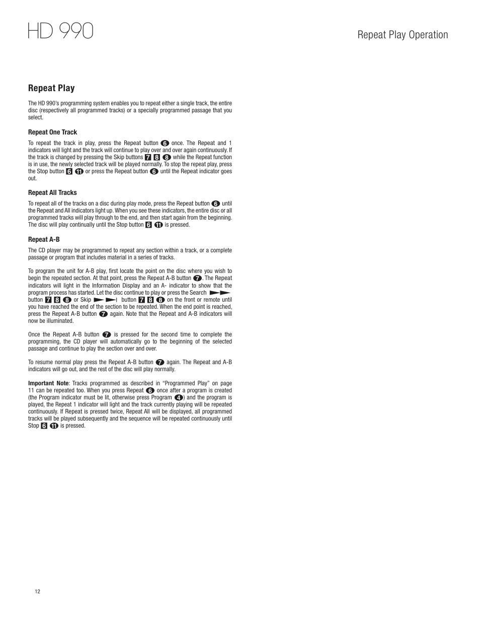Hd 990, Repeat play operation, Repeat play | Harman-Kardon HD 990 User Manual | Page 12 / 16