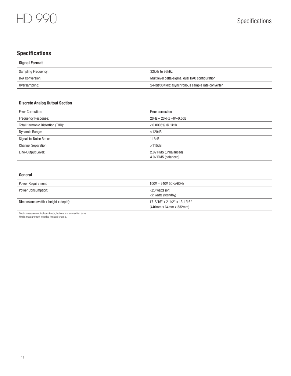 Hd 990, Specifications | Harman-Kardon HD 990 User Manual | Page 14 / 16