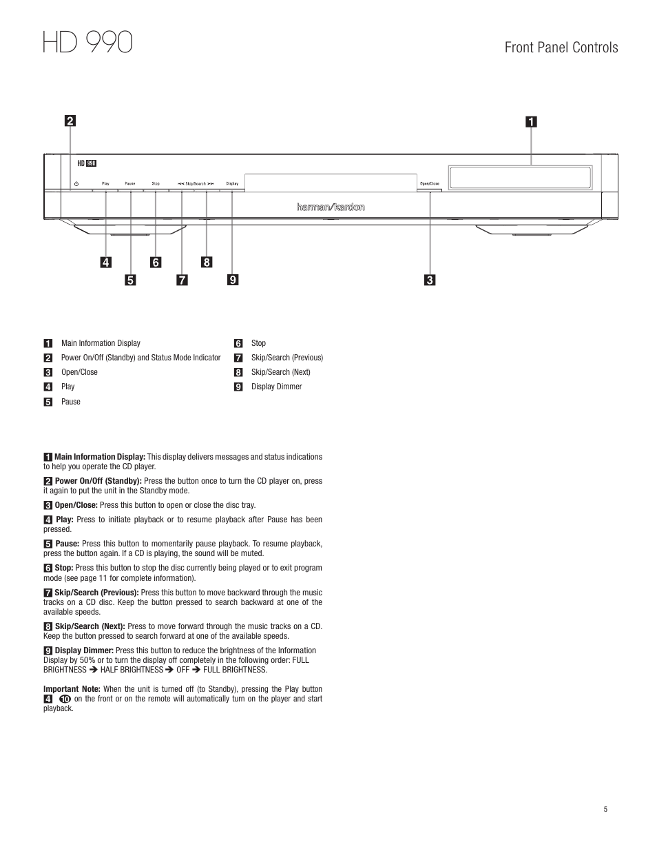 Hd 990, Front panel controls | Harman-Kardon HD 990 User Manual | Page 5 / 16
