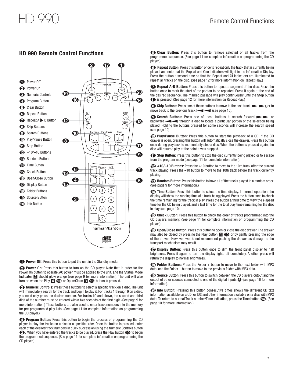 Hd 990, Remote control functions, Hd 990 remote control functions | Harman-Kardon HD 990 User Manual | Page 7 / 16