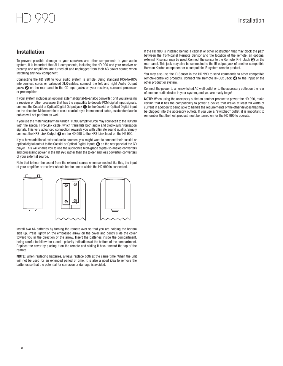 Hd 990, Installation | Harman-Kardon HD 990 User Manual | Page 8 / 16