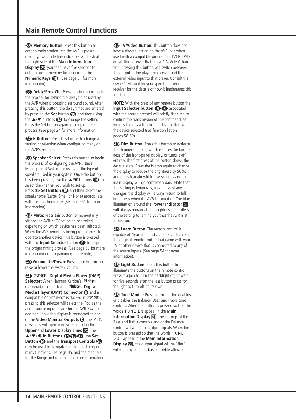 Main remote control functions | Harman-Kardon 347 User Manual | Page 14 / 64