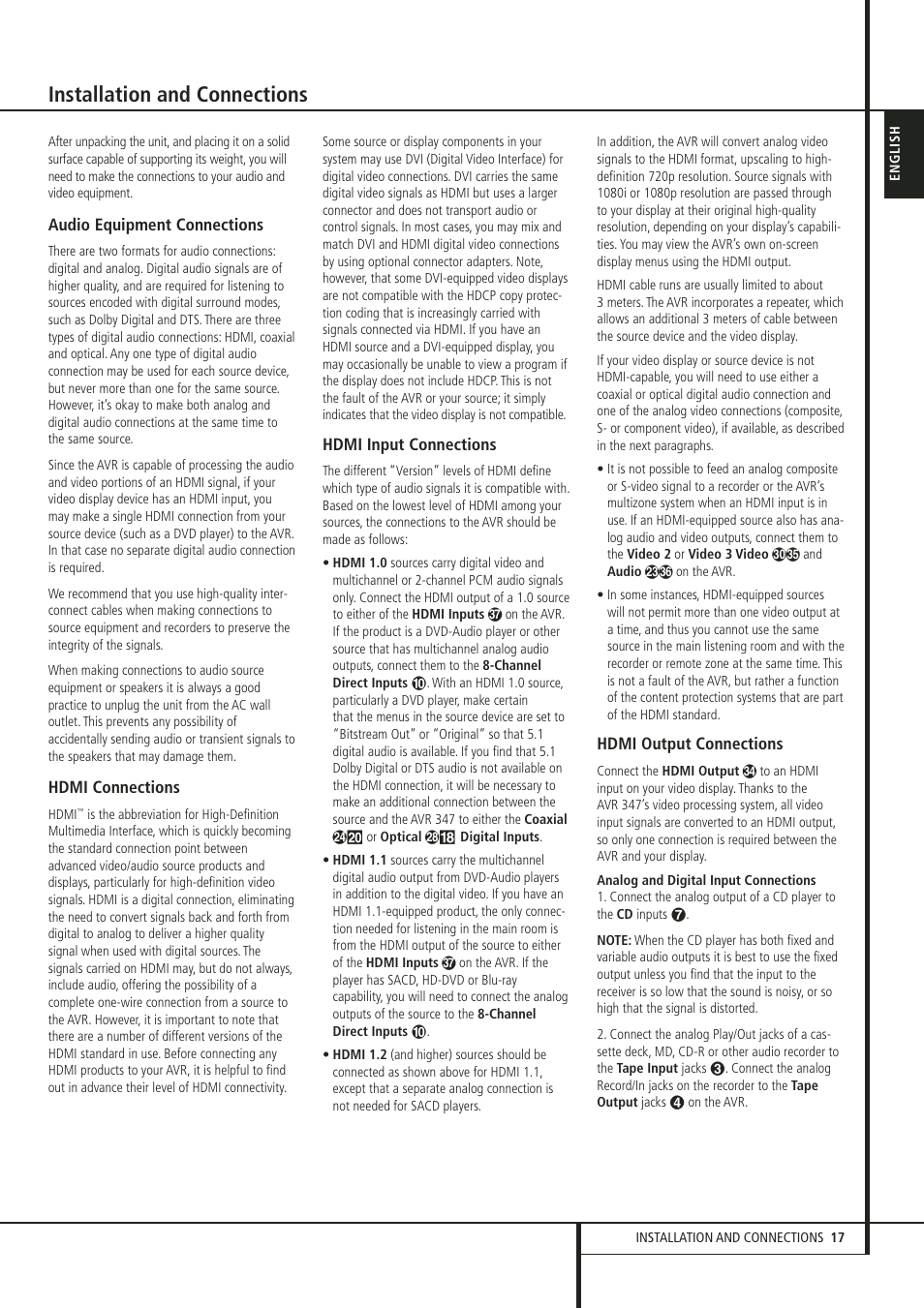 Installation and connections | Harman-Kardon 347 User Manual | Page 17 / 64