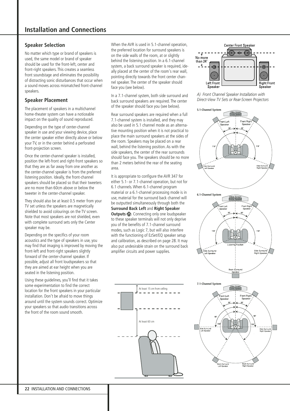 Installation and connections, Speaker selection, Speaker placement | Harman-Kardon 347 User Manual | Page 22 / 64