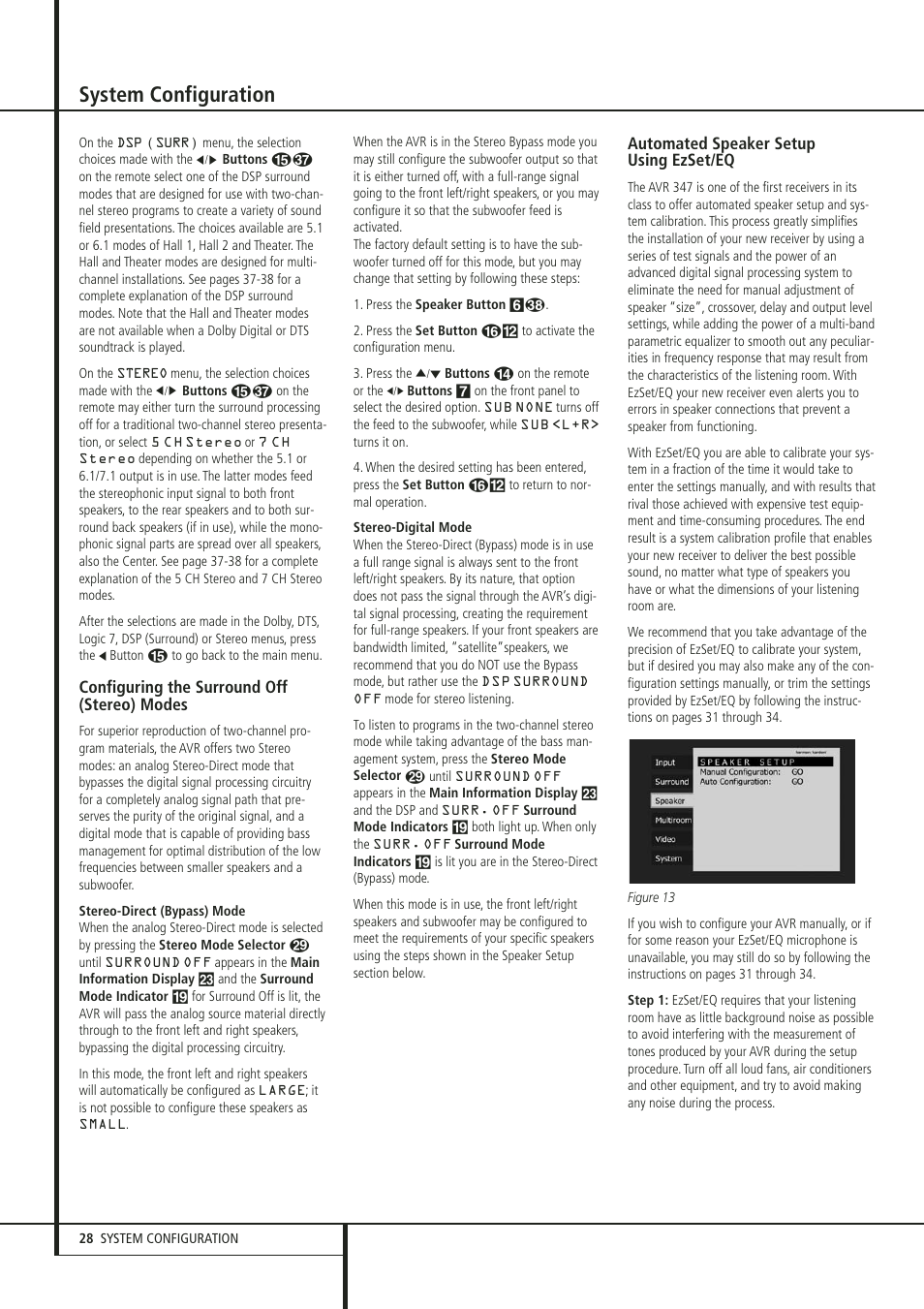 System configuration, Configuring the surround off (stereo) modes, Automated speaker setup using ezset/eq | Harman-Kardon 347 User Manual | Page 28 / 64