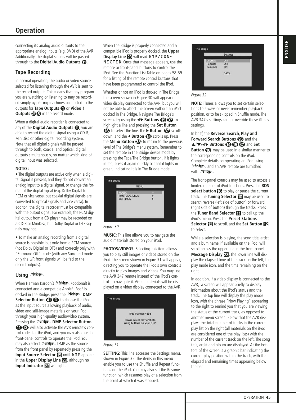 Operation, Tape recording, Using | Harman-Kardon 347 User Manual | Page 45 / 64