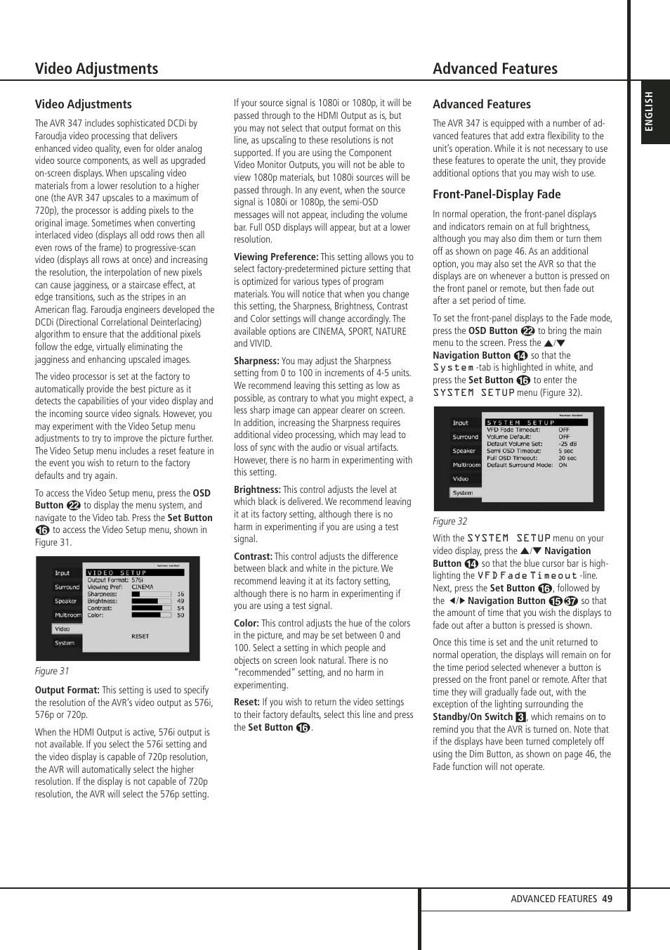Video adjustments advanced features | Harman-Kardon 347 User Manual | Page 49 / 64