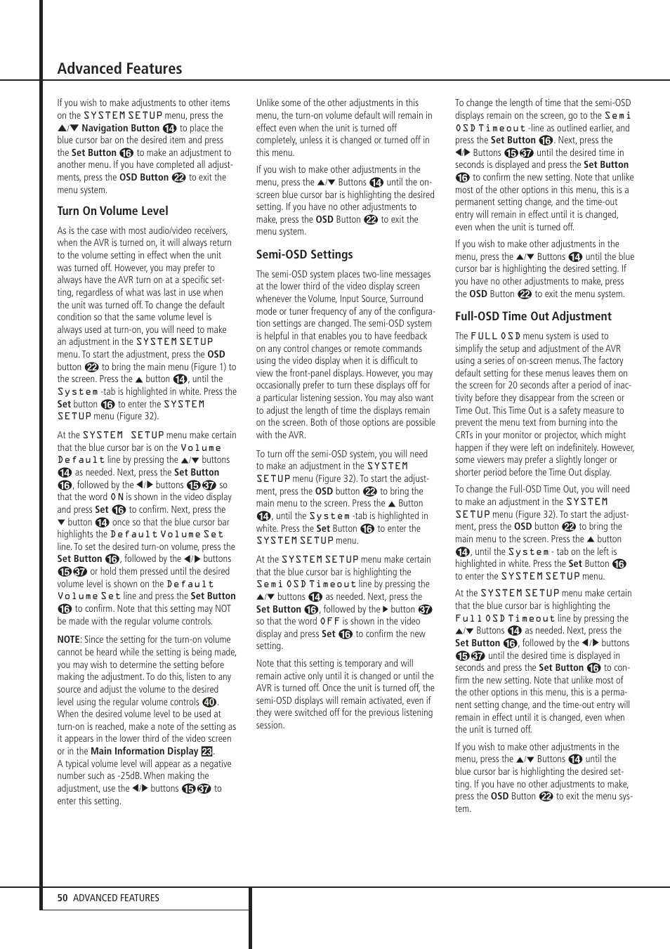 Advanced features, Turn on volume level, Semi-osd settings | Full-osd time out adjustment | Harman-Kardon 347 User Manual | Page 50 / 64