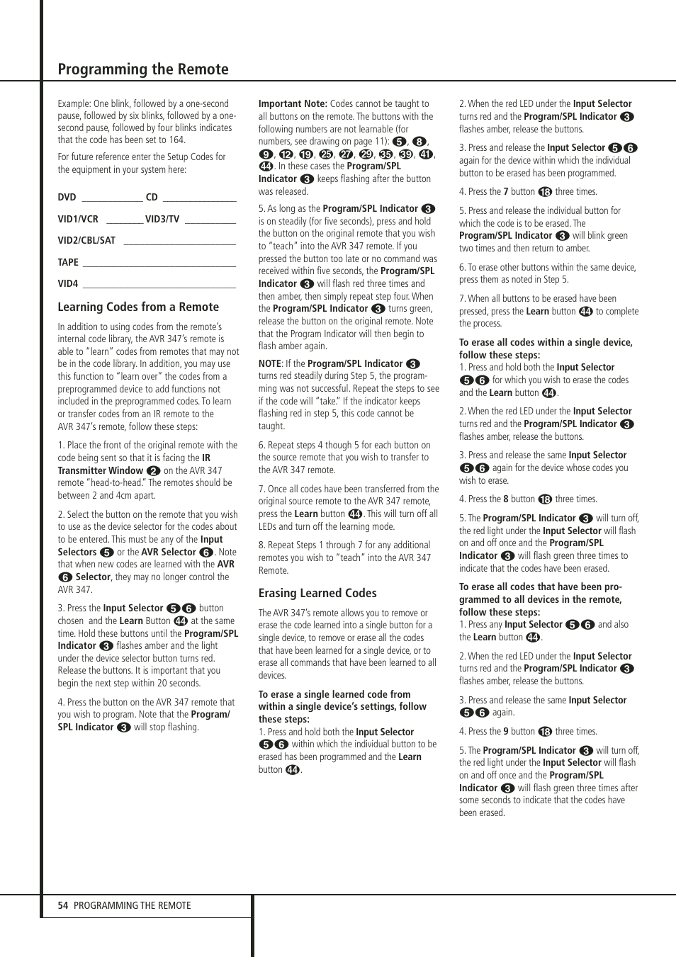 Programming the remote | Harman-Kardon 347 User Manual | Page 54 / 64