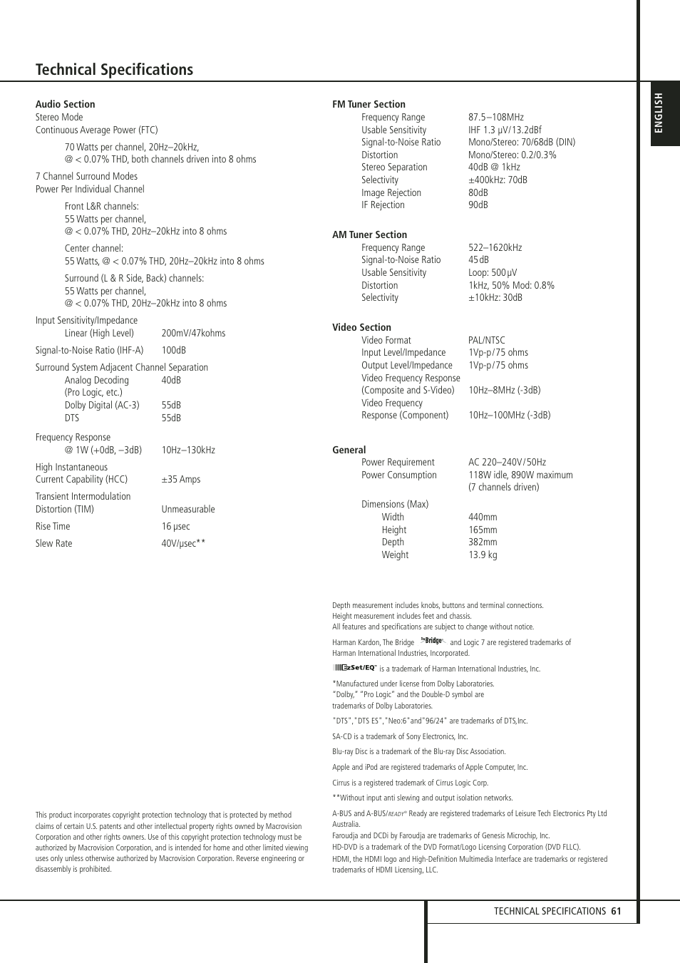 Technical specifications | Harman-Kardon 347 User Manual | Page 61 / 64