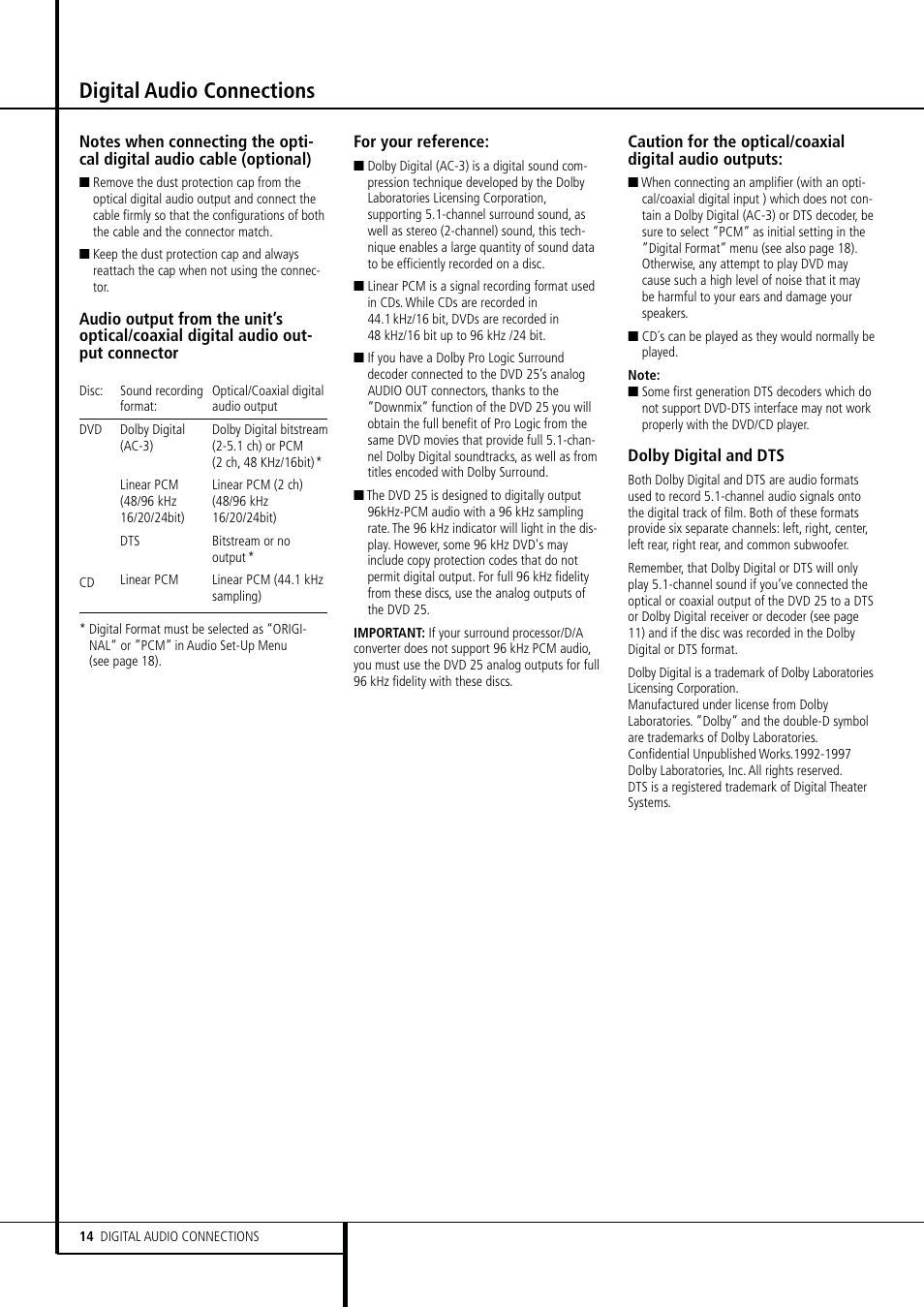 Digital audio connections | Harman-Kardon DVD 25 User Manual | Page 14 / 33