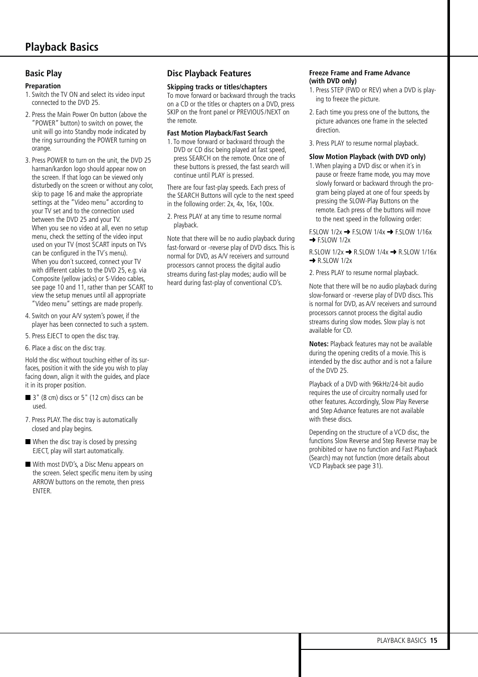 Playback basics | Harman-Kardon DVD 25 User Manual | Page 15 / 33