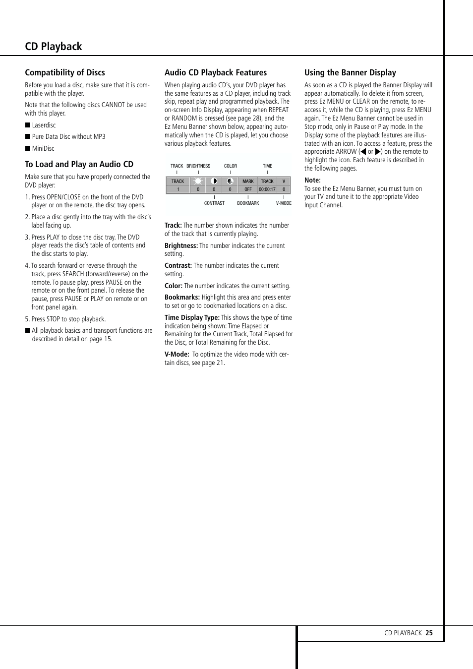 Cd playback, Compatibility of discs, Audio cd playback features | Using the banner display | Harman-Kardon DVD 25 User Manual | Page 25 / 33