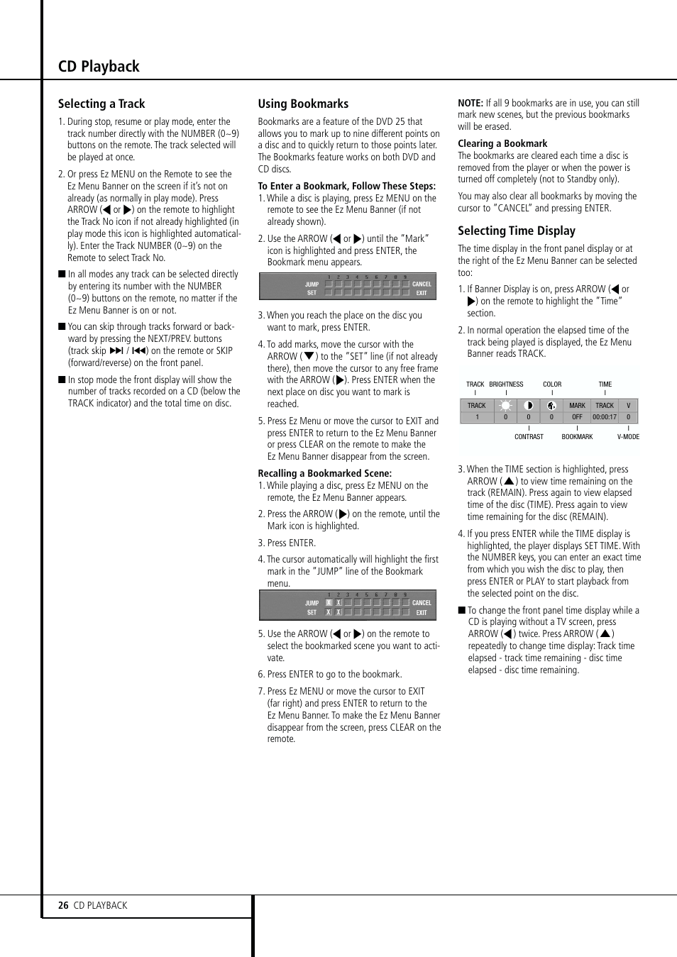 Cd playback, Selecting a track, Using bookmarks | Selecting time display | Harman-Kardon DVD 25 User Manual | Page 26 / 33
