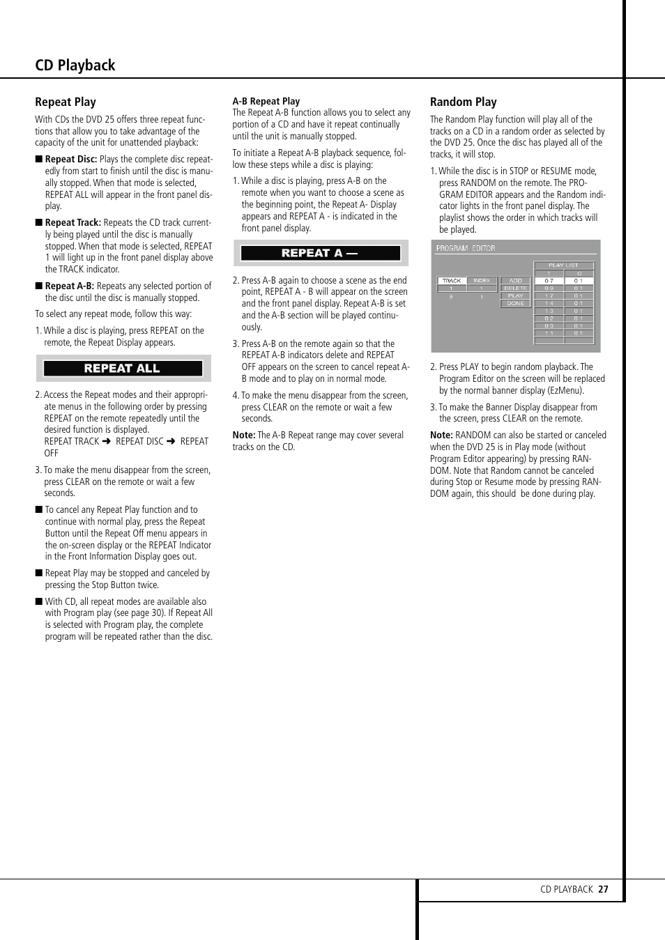 Cd playback | Harman-Kardon DVD 25 User Manual | Page 27 / 33