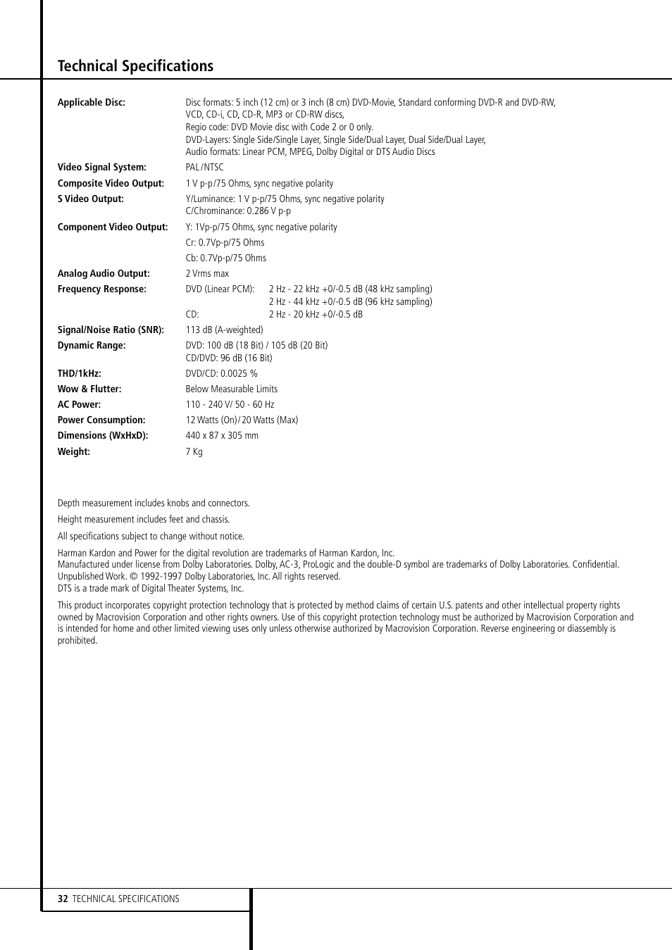 Technical specifications | Harman-Kardon DVD 25 User Manual | Page 32 / 33