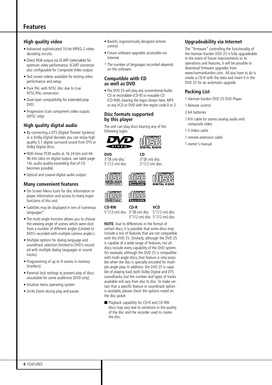 Features | Harman-Kardon DVD 25 User Manual | Page 4 / 33
