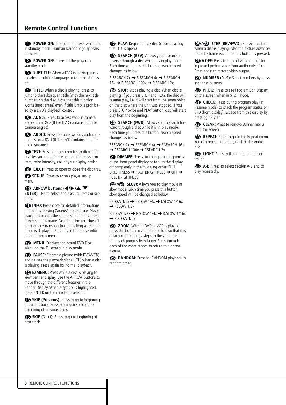 Remote control functions | Harman-Kardon DVD 25 User Manual | Page 8 / 33