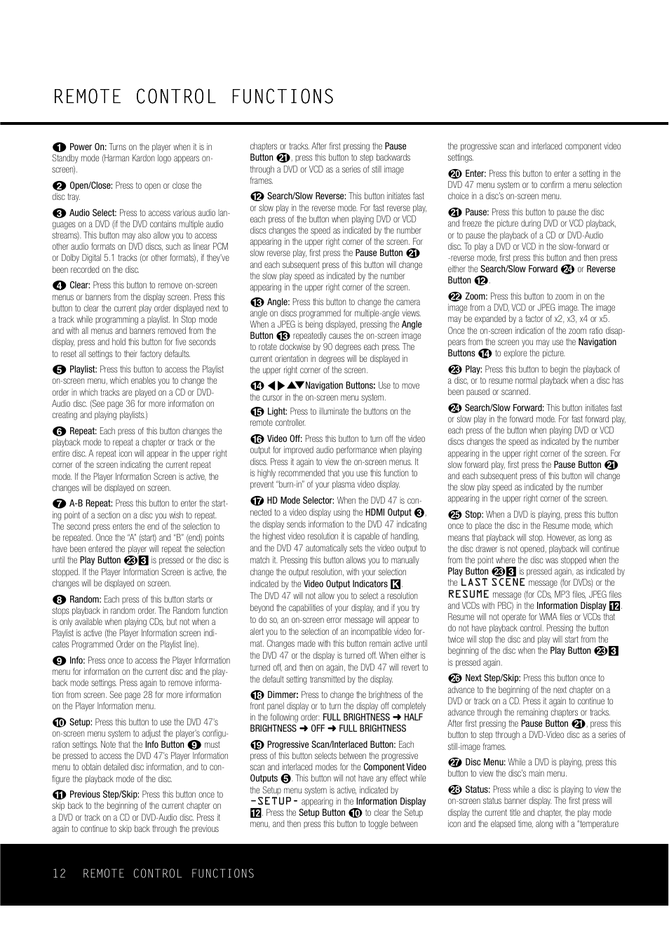 Remote control functions | Harman-Kardon DVD47 User Manual | Page 12 / 40