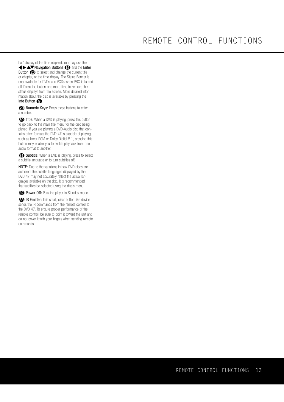 Remote control functions | Harman-Kardon DVD47 User Manual | Page 13 / 40