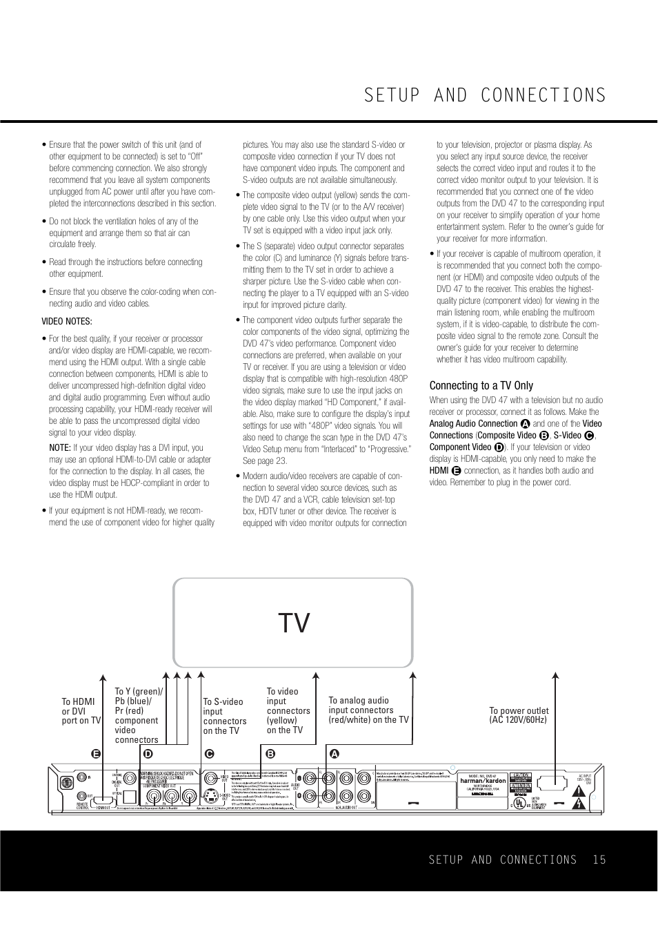 Setup and connections | Harman-Kardon DVD47 User Manual | Page 15 / 40