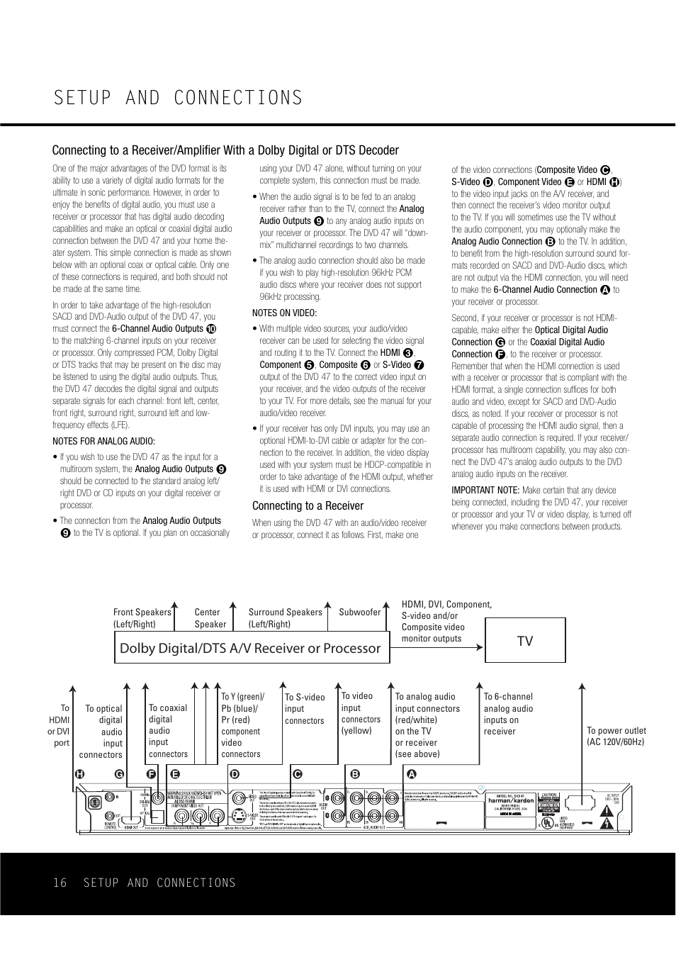 Setup and connections, Dolby digital/dts a/v receiver or processor | Harman-Kardon DVD47 User Manual | Page 16 / 40