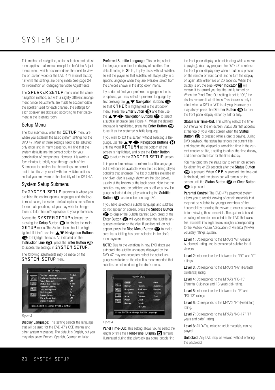 System setup, Setup menu, System setup submenu | Harman-Kardon DVD47 User Manual | Page 20 / 40