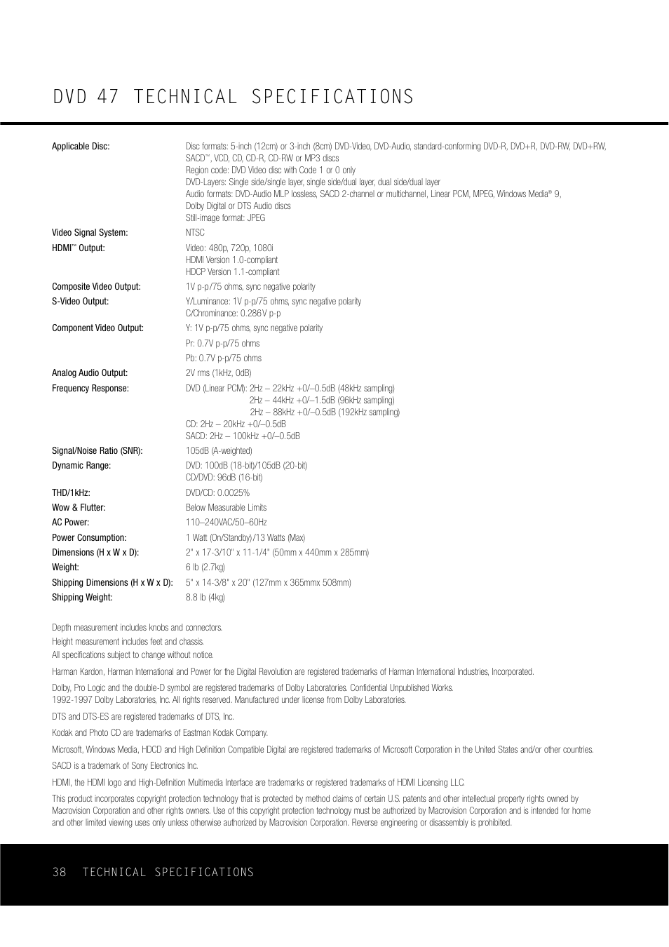 Dvd 47 technical specifications | Harman-Kardon DVD47 User Manual | Page 38 / 40