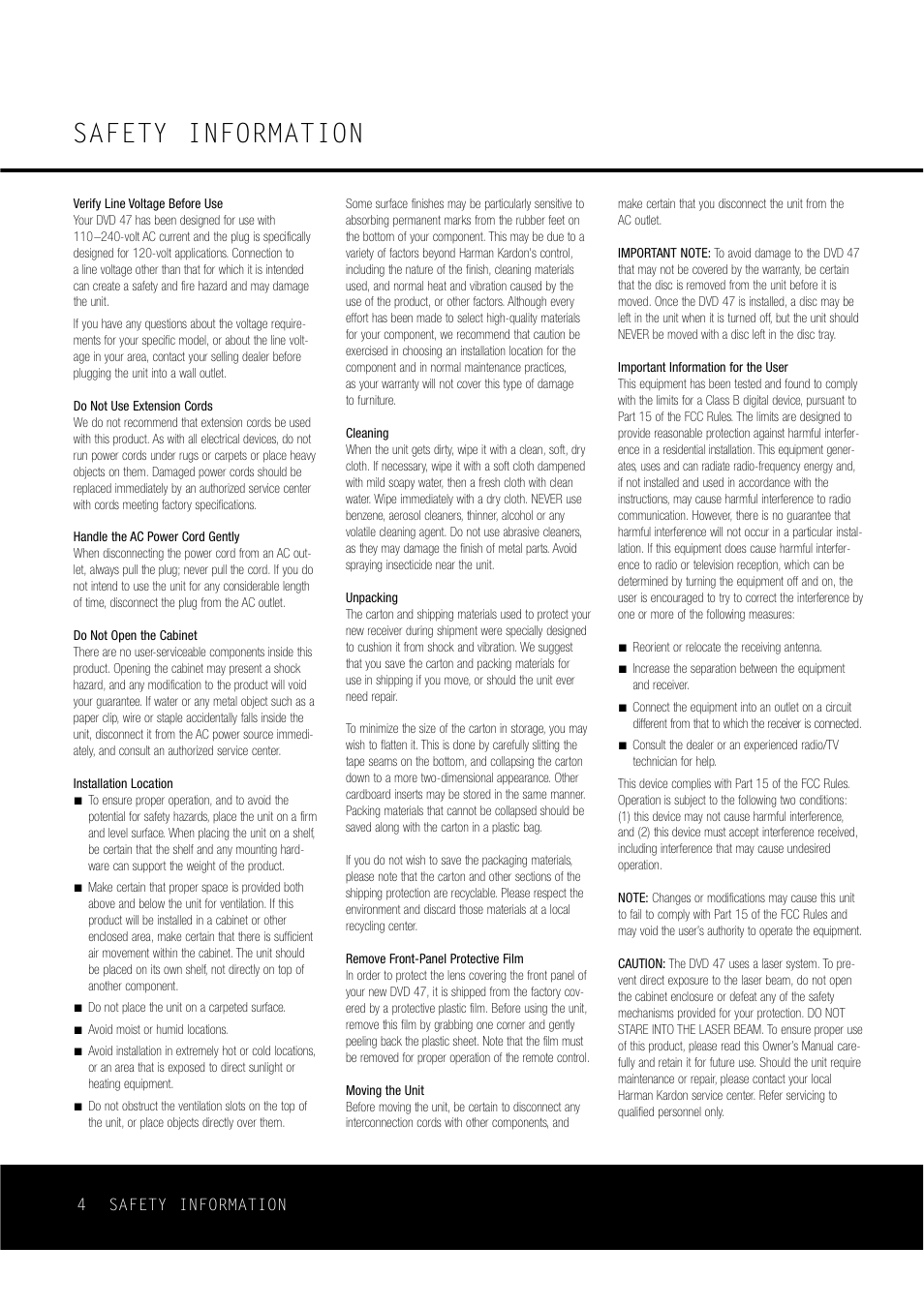 Safety information | Harman-Kardon DVD47 User Manual | Page 4 / 40