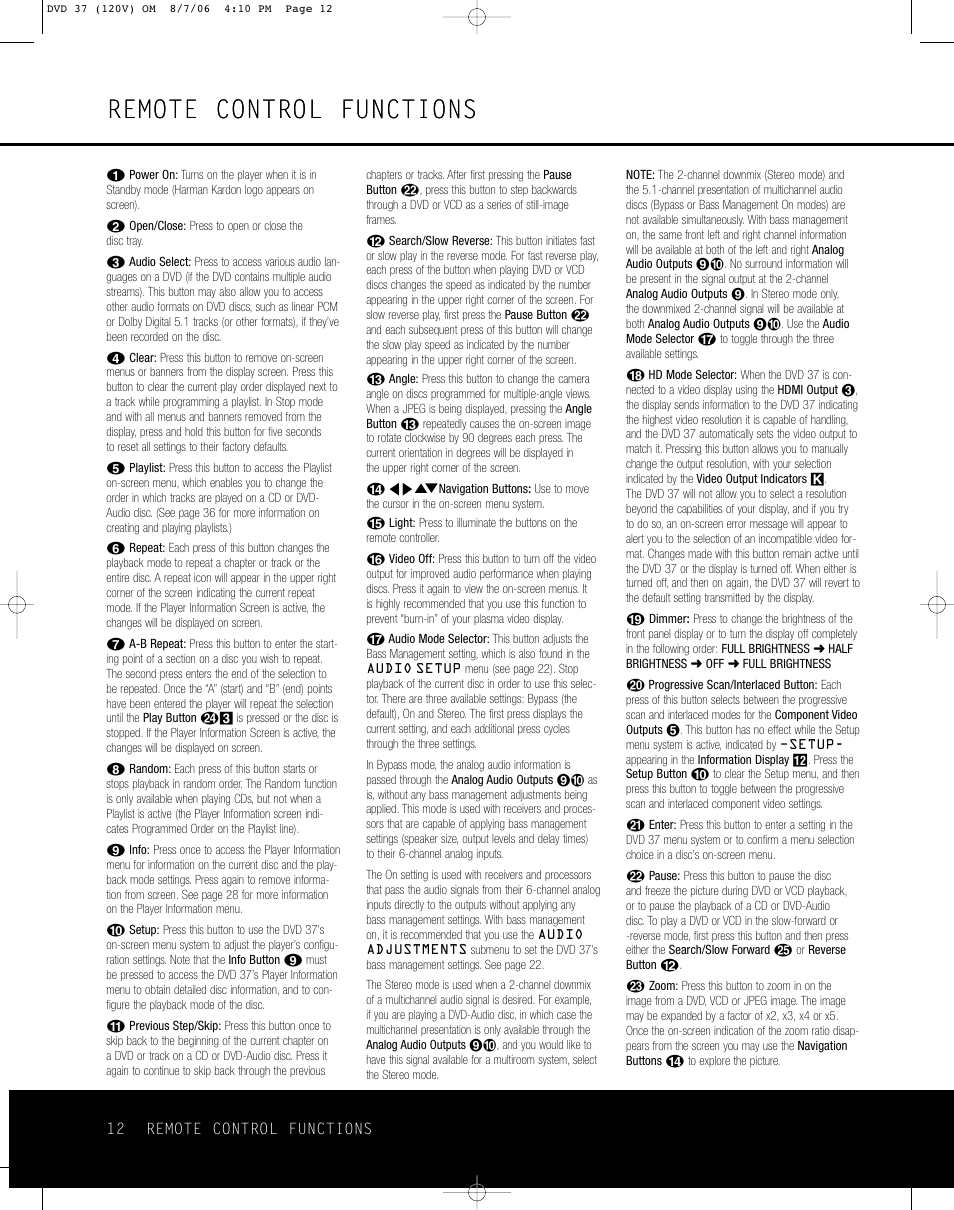 Remote control functions | Harman-Kardon DVD 37 User Manual | Page 12 / 40