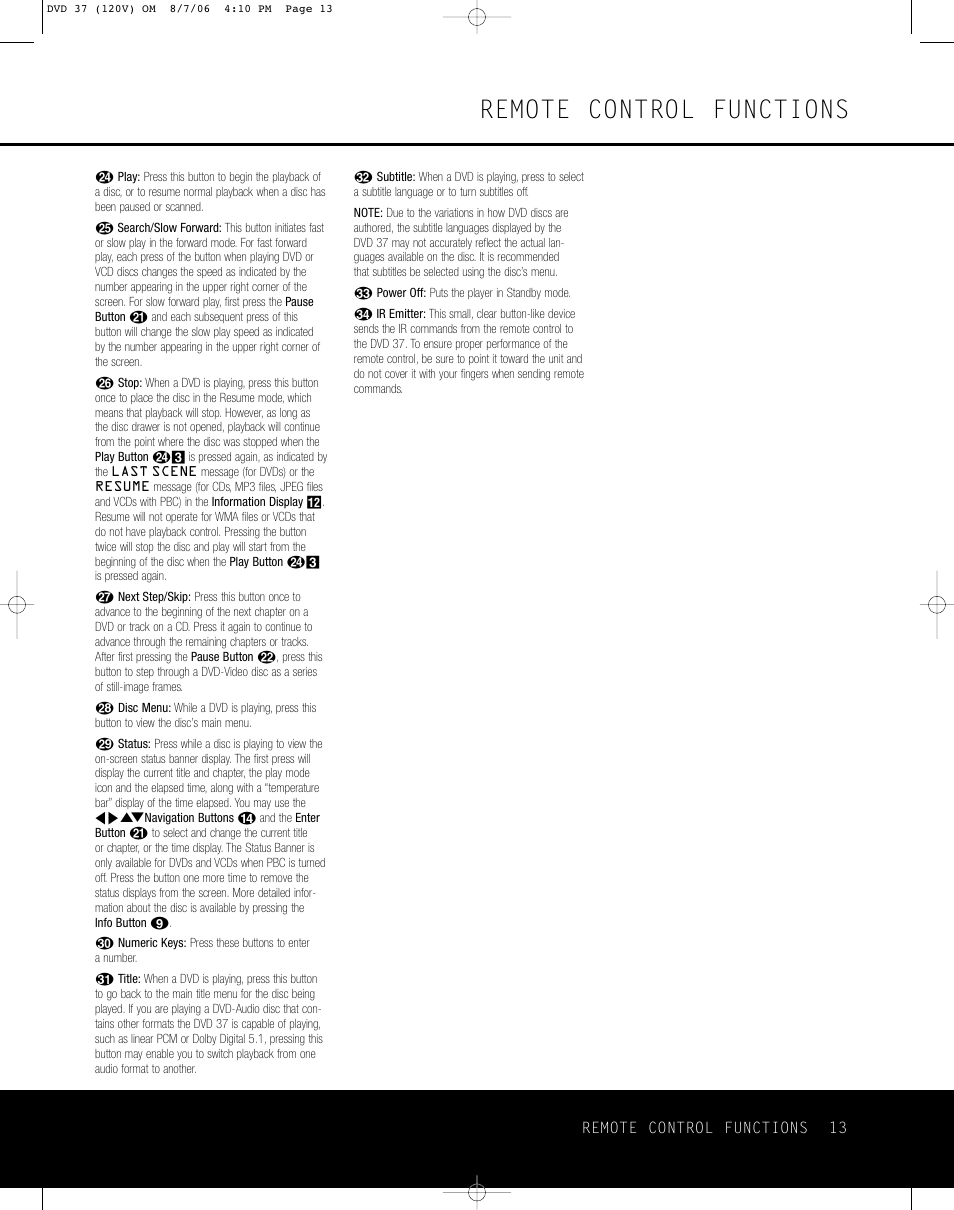 Remote control functions | Harman-Kardon DVD 37 User Manual | Page 13 / 40