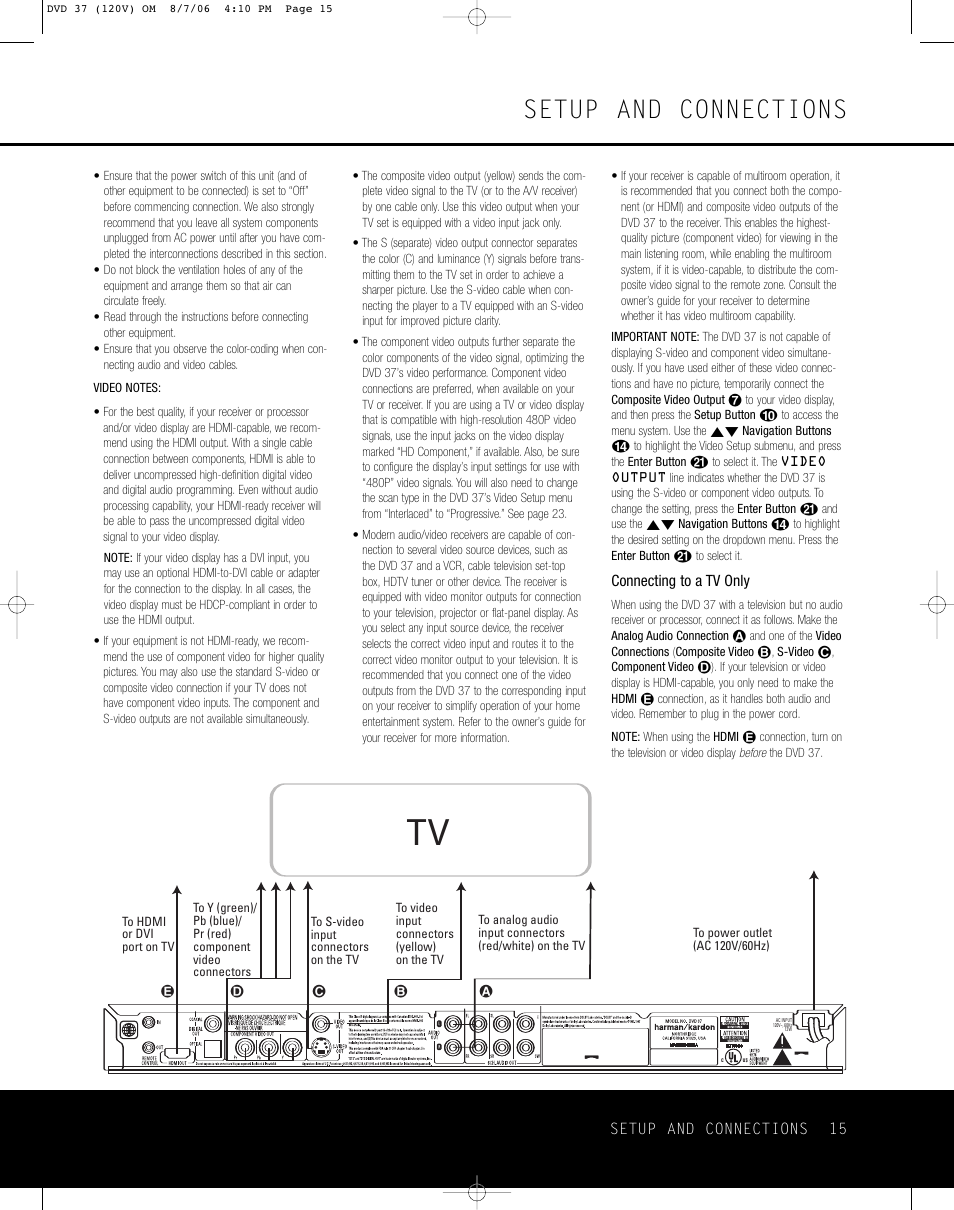 Setup and connections | Harman-Kardon DVD 37 User Manual | Page 15 / 40