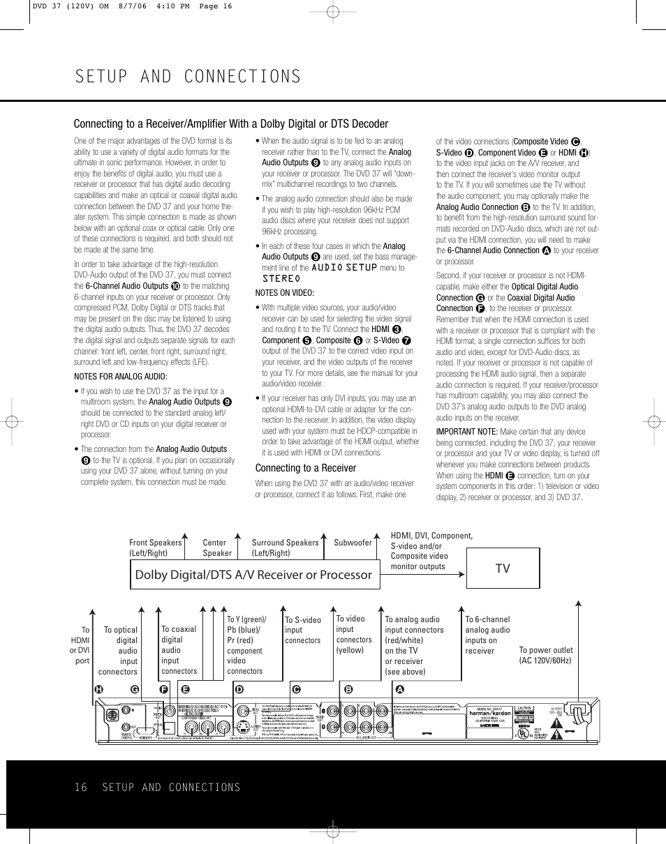 Setup and connections, Dolby digital/dts a/v receiver or processor | Harman-Kardon DVD 37 User Manual | Page 16 / 40