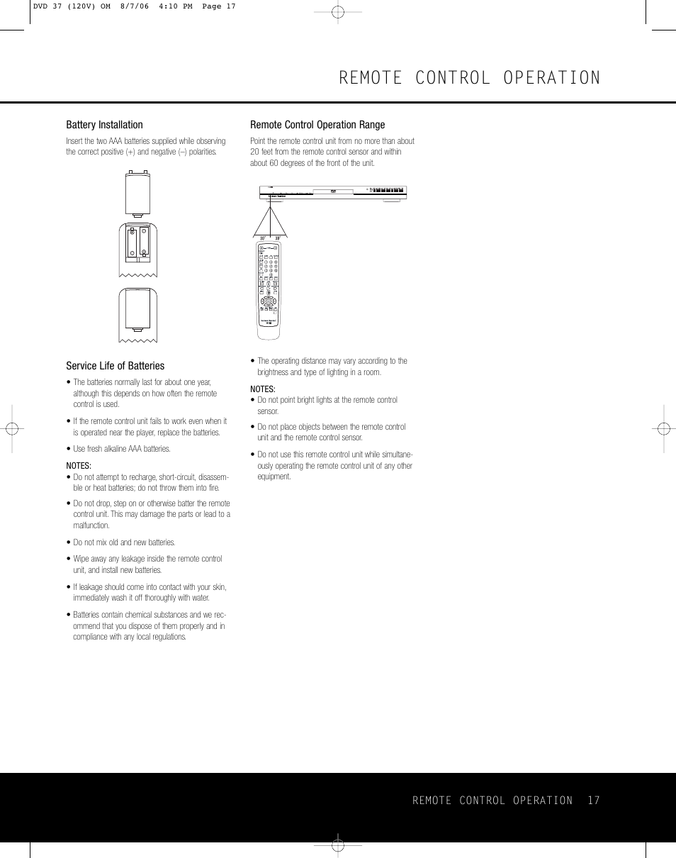 Remote control operation | Harman-Kardon DVD 37 User Manual | Page 17 / 40