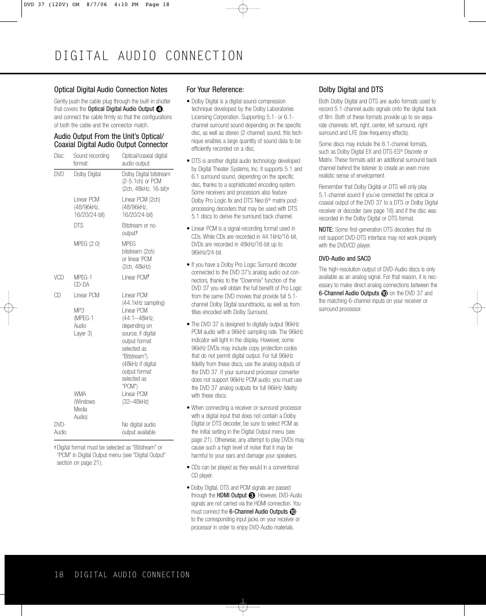 Digital audio connection | Harman-Kardon DVD 37 User Manual | Page 18 / 40