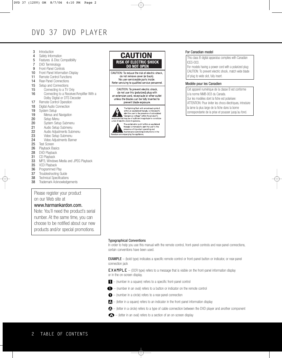 Dvd 37 dvd player | Harman-Kardon DVD 37 User Manual | Page 2 / 40