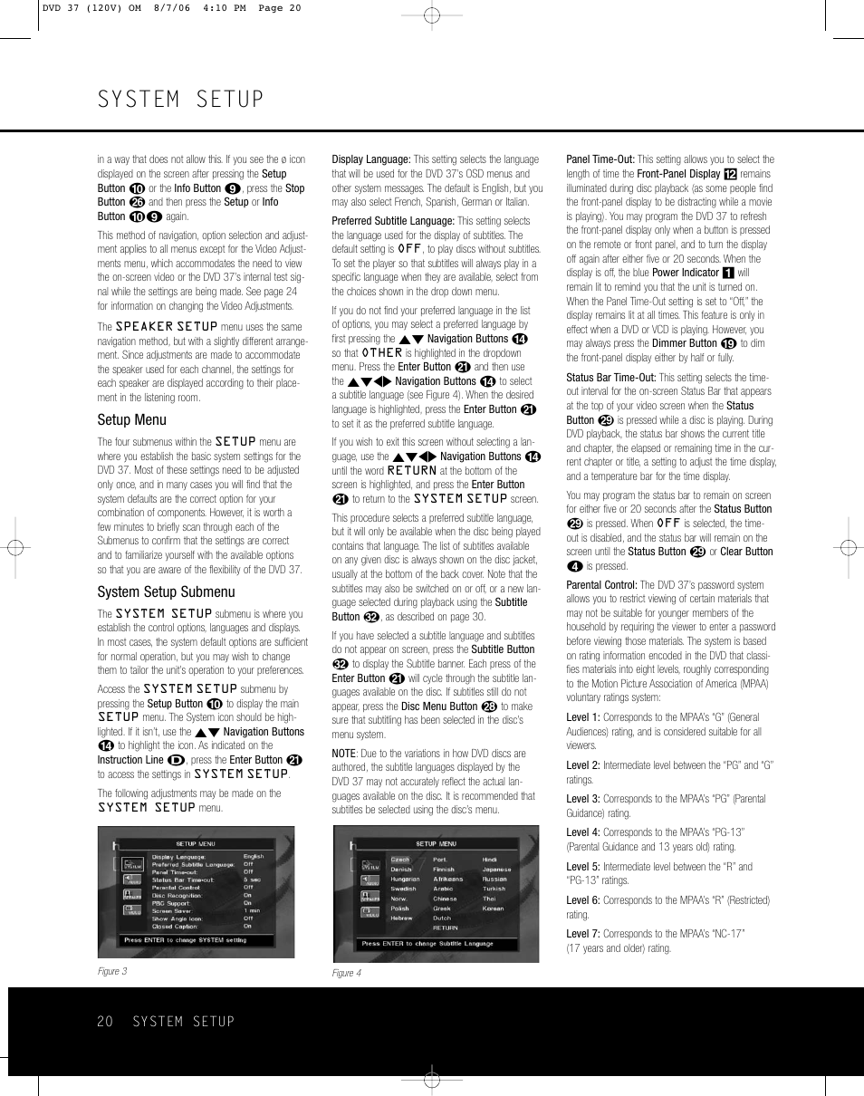 System setup, Setup menu, System setup submenu | Harman-Kardon DVD 37 User Manual | Page 20 / 40
