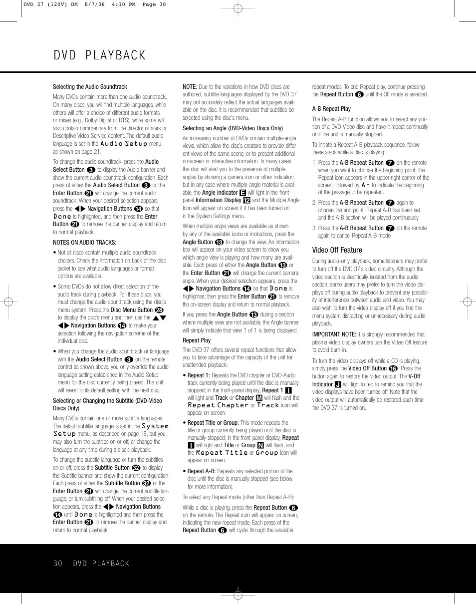 Dvd playback | Harman-Kardon DVD 37 User Manual | Page 30 / 40