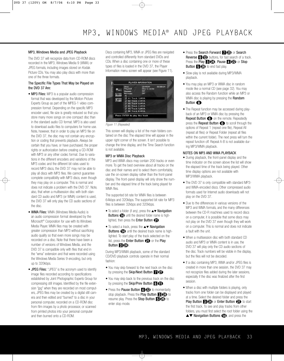 Mp3, windows media, And jpeg playback | Harman-Kardon DVD 37 User Manual | Page 33 / 40