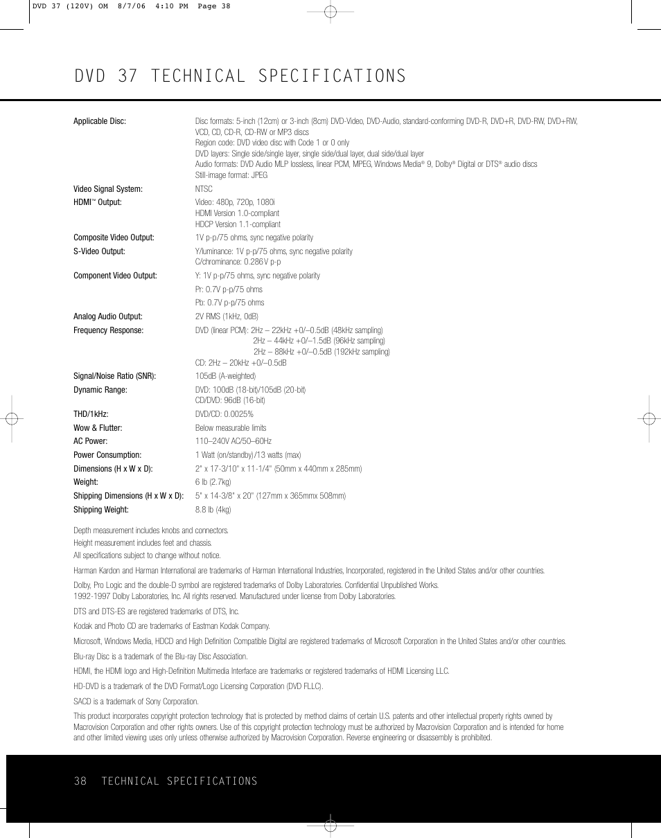 Dvd 37 technical specifications | Harman-Kardon DVD 37 User Manual | Page 38 / 40